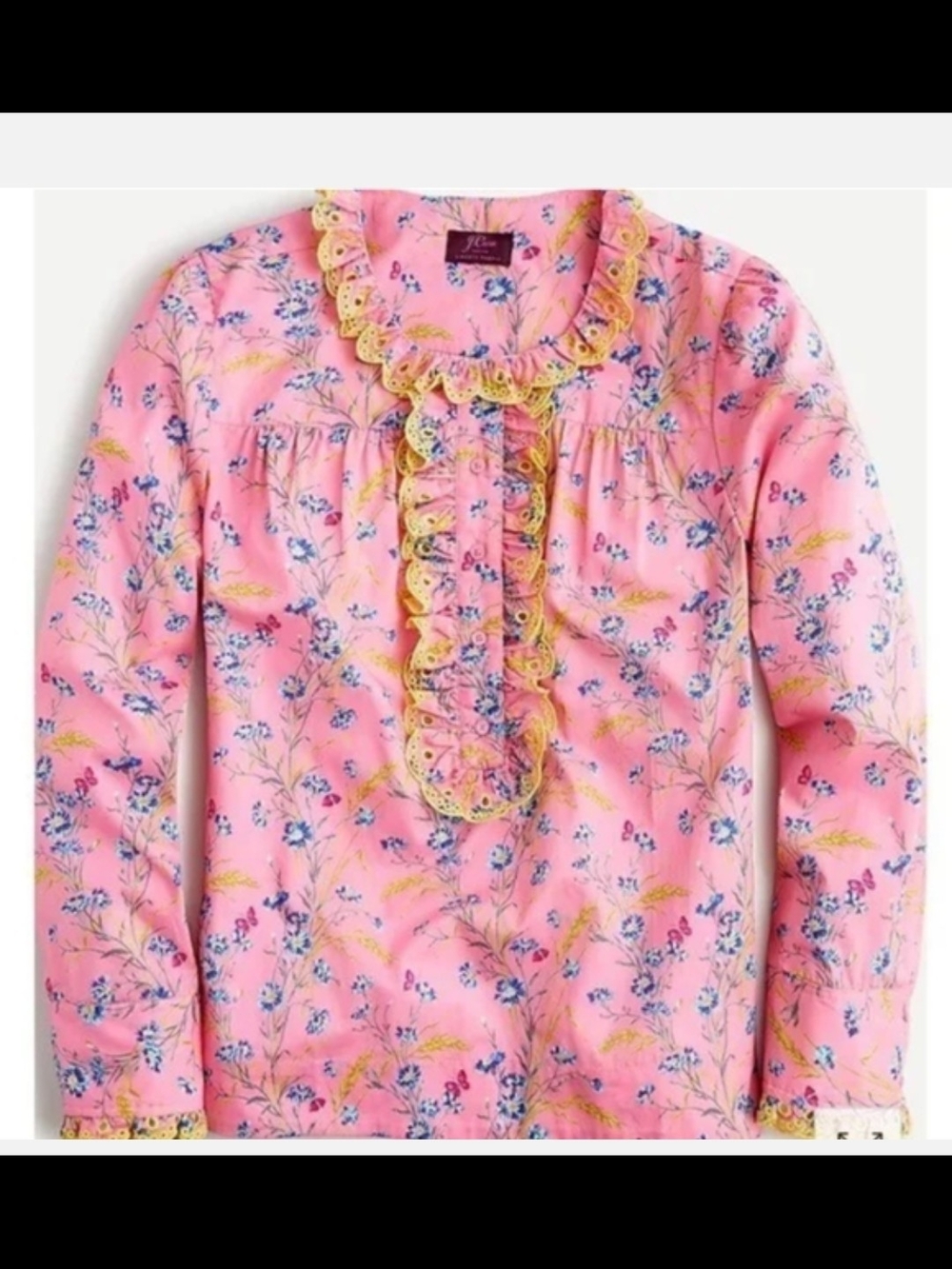 J. Crew Pink Floral Ruffle Button-Front Top with Yellow Eyelet Trim - Picture 5 of 7